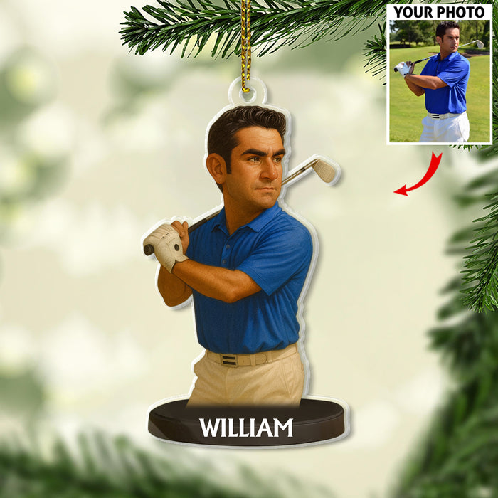 Custom Caricature-Style Portrait Ornament from Your Photo – Personalized Acrylic Christmas Ornament, Unique Gift for Golf Lovers and Golfers