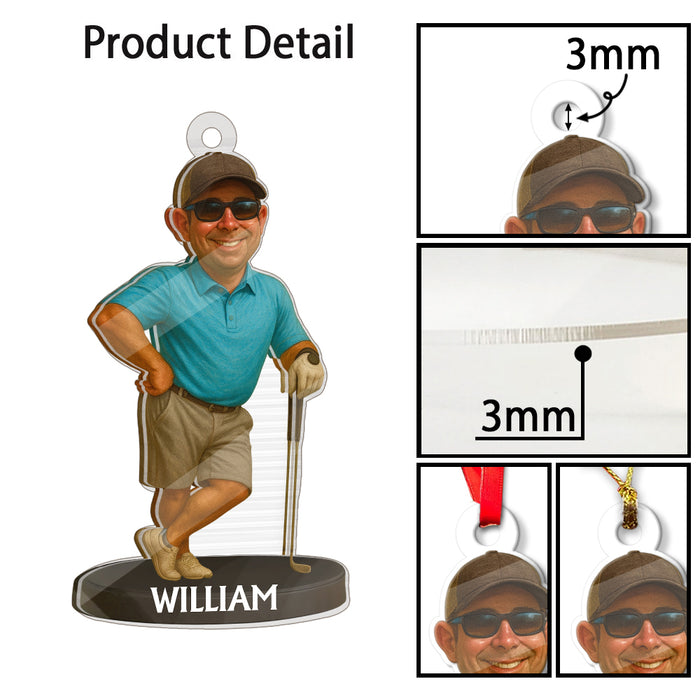 Custom Caricature-Style Portrait Ornament from Your Photo – Personalized Acrylic Christmas Ornament, Unique Gift for Golf Lovers and Golfers
