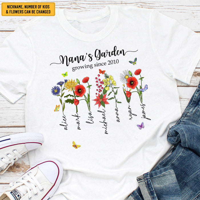 Custom Nana's Garden Growing Since Shirt, Birth Month Flower Shirt, Grandma's Garden, Mothers Day Gift, Custom Mom Tee, Custom Kids Name Shirt