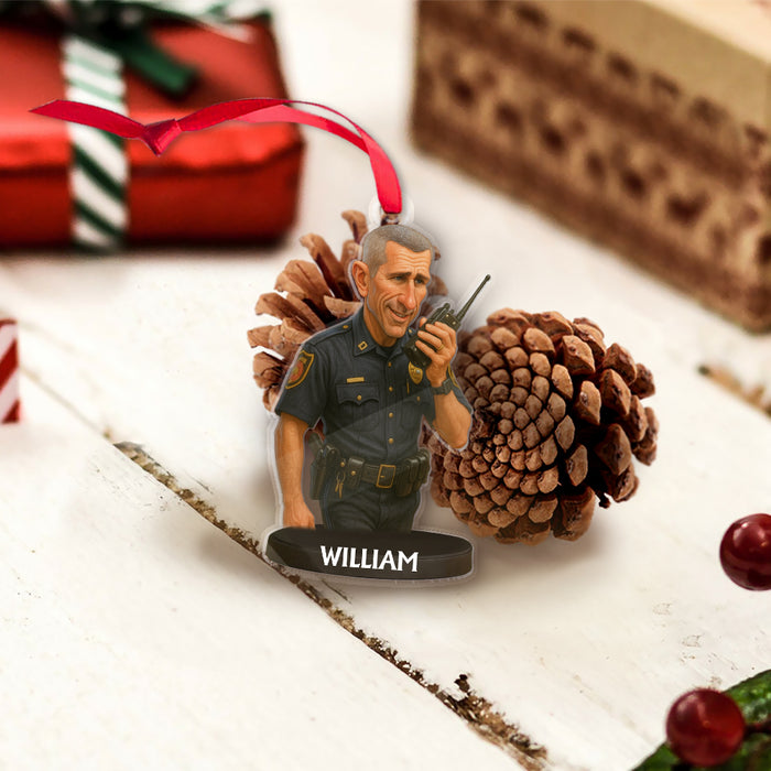 Custom Caricature-Style Portrait Ornament from Your Photo – Personalized Acrylic Christmas Ornament, Unique Gift for Police Officers