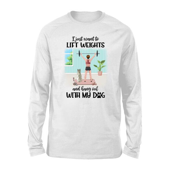 Personalized T-shirt, Girl Lifting Weights With Dog at Home, Gift for Dog Lovers, Fitness Lovers