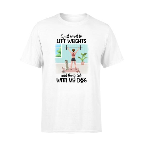 Personalized T-shirt, Girl Lifting Weights With Dog at Home, Gift for Dog Lovers, Fitness Lovers