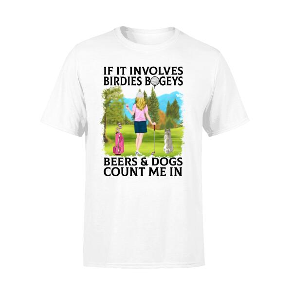 Personalized Shirt, Golf Drinking Woman with Dogs, Gift For Golf and Dog Lovers