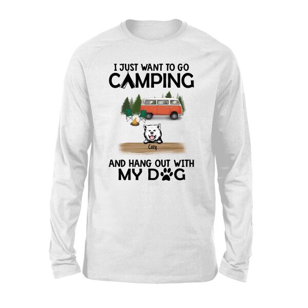 Personalized T-Shirt, Up to 6 Dogs, I Just Want To Go Camping and Hang Out With Dogs, Gift for Campers and Dog Lovers