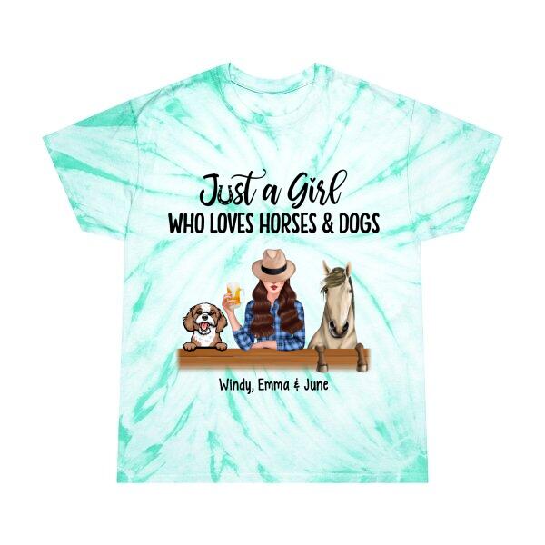 Personalized Tie-Dye Shirt, A Girl Who Loves Horses and Dogs, Gift For Dog Lovers, Horse Lovers