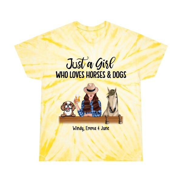 Personalized Tie-Dye Shirt, A Girl Who Loves Horses and Dogs, Gift For Dog Lovers, Horse Lovers