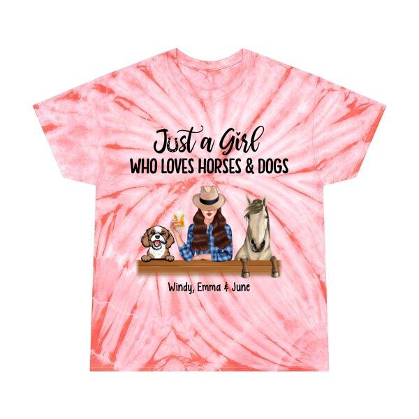 Personalized Tie-Dye Shirt, A Girl Who Loves Horses and Dogs, Gift For Dog Lovers, Horse Lovers