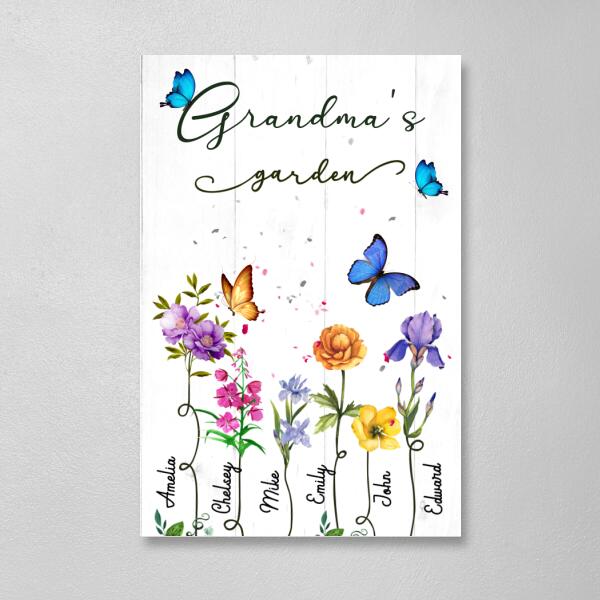 Personalized Canvas, Up To 6 Kids, Butterflies Grandma‘s Garden, Gift For Grandma And Gardeners