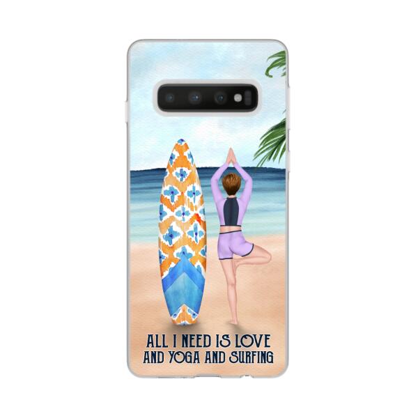 Personalized Phone Case, Surfing Woman Doing Yoga, Gift for Surfing and Yoga Lovers