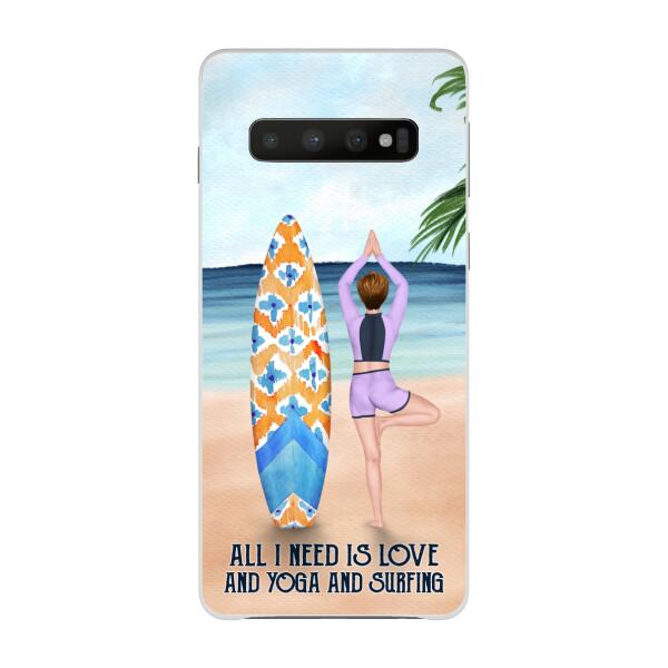 Personalized Phone Case, Surfing Woman Doing Yoga, Gift for Surfing and Yoga Lovers