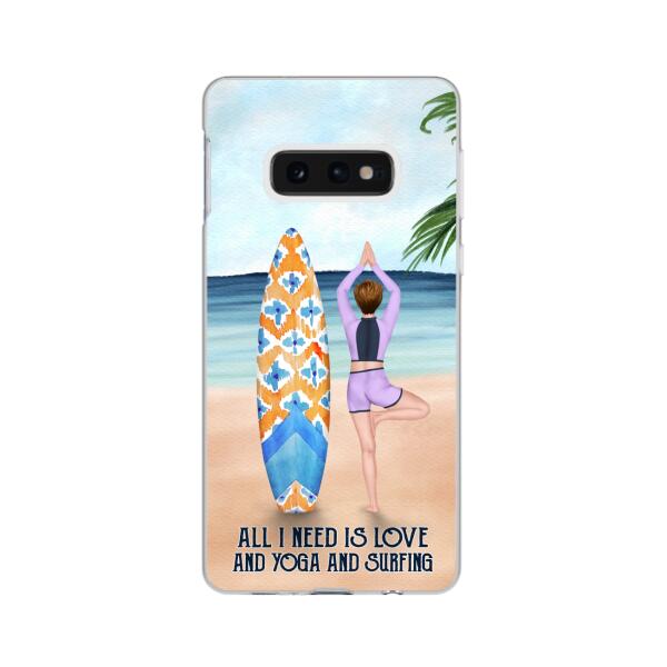 Personalized Phone Case, Surfing Woman Doing Yoga, Gift for Surfing and Yoga Lovers