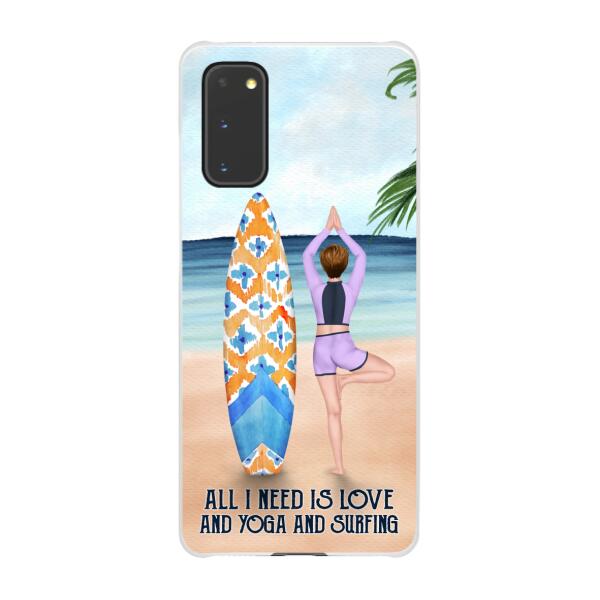 Personalized Phone Case, Surfing Woman Doing Yoga, Gift for Surfing and Yoga Lovers