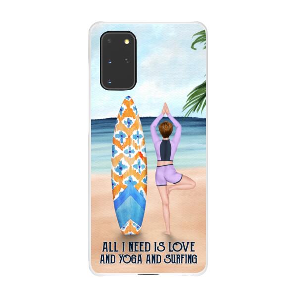 Personalized Phone Case, Surfing Woman Doing Yoga, Gift for Surfing and Yoga Lovers