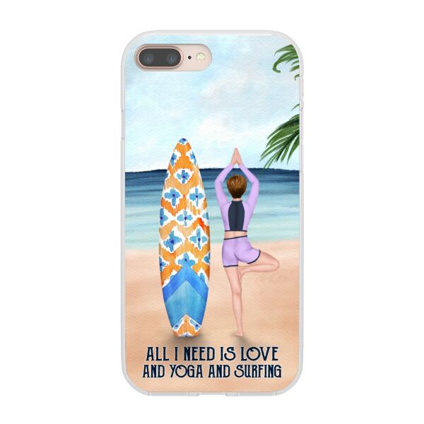 Personalized Phone Case, Surfing Woman Doing Yoga, Gift for Surfing and Yoga Lovers