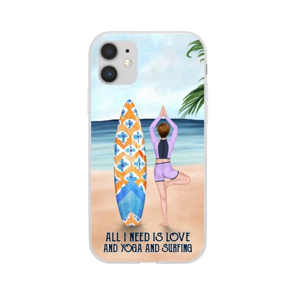 Personalized Phone Case, Surfing Woman Doing Yoga, Gift for Surfing and Yoga Lovers