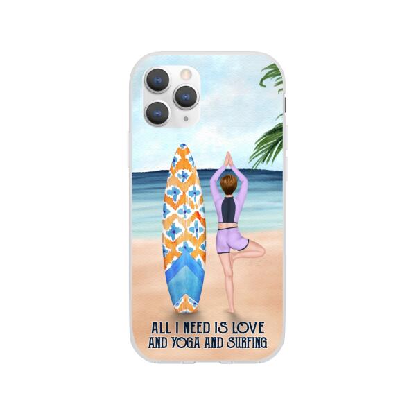 Personalized Phone Case, Surfing Woman Doing Yoga, Gift for Surfing and Yoga Lovers