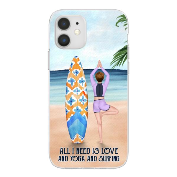 Personalized Phone Case, Surfing Woman Doing Yoga, Gift for Surfing and Yoga Lovers