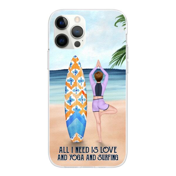 Personalized Phone Case, Surfing Woman Doing Yoga, Gift for Surfing and Yoga Lovers