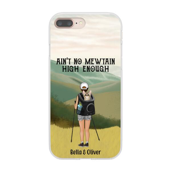 Personalized Phone Case, Woman Hiking With Cat, Gift for Cat Lover, Hiking Lover