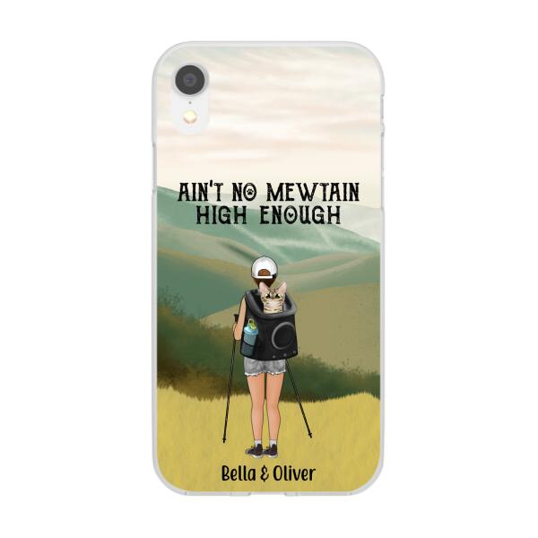 Personalized Phone Case, Woman Hiking With Cat, Gift for Cat Lover, Hiking Lover