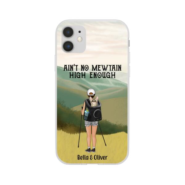 Personalized Phone Case, Woman Hiking With Cat, Gift for Cat Lover, Hiking Lover