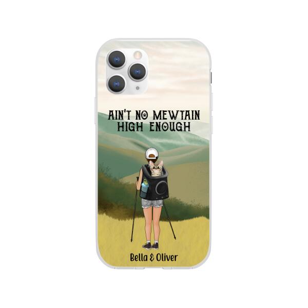 Personalized Phone Case, Woman Hiking With Cat, Gift for Cat Lover, Hiking Lover