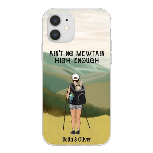 Personalized Phone Case, Woman Hiking With Cat, Gift for Cat Lover, Hiking Lover