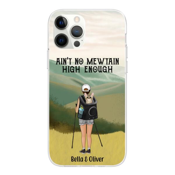 Personalized Phone Case, Woman Hiking With Cat, Gift for Cat Lover, Hiking Lover