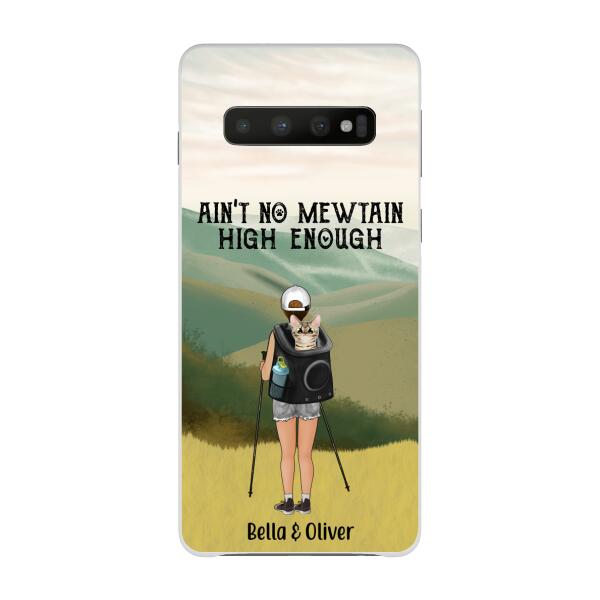 Personalized Phone Case, Woman Hiking With Cat, Gift for Cat Lover, Hiking Lover