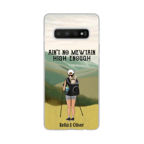 Personalized Phone Case, Woman Hiking With Cat, Gift for Cat Lover, Hiking Lover