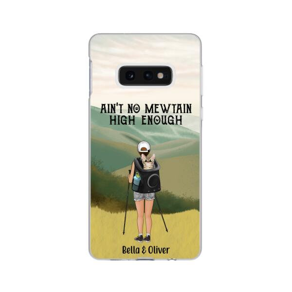 Personalized Phone Case, Woman Hiking With Cat, Gift for Cat Lover, Hiking Lover