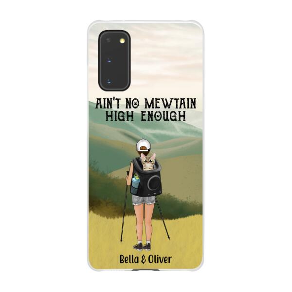 Personalized Phone Case, Woman Hiking With Cat, Gift for Cat Lover, Hiking Lover