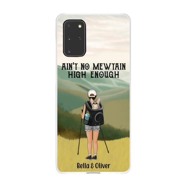 Personalized Phone Case, Woman Hiking With Cat, Gift for Cat Lover, Hiking Lover