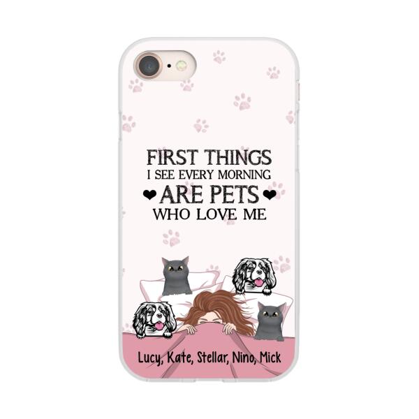 Personalized Phone Case, Sleeping Girl With Pets, Gift For Dog And Cat Lovers