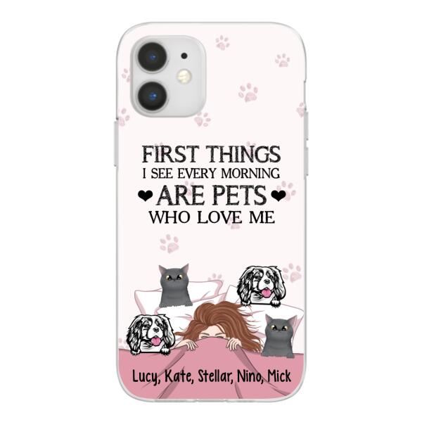 Personalized Phone Case, Sleeping Girl With Pets, Gift For Dog And Cat Lovers