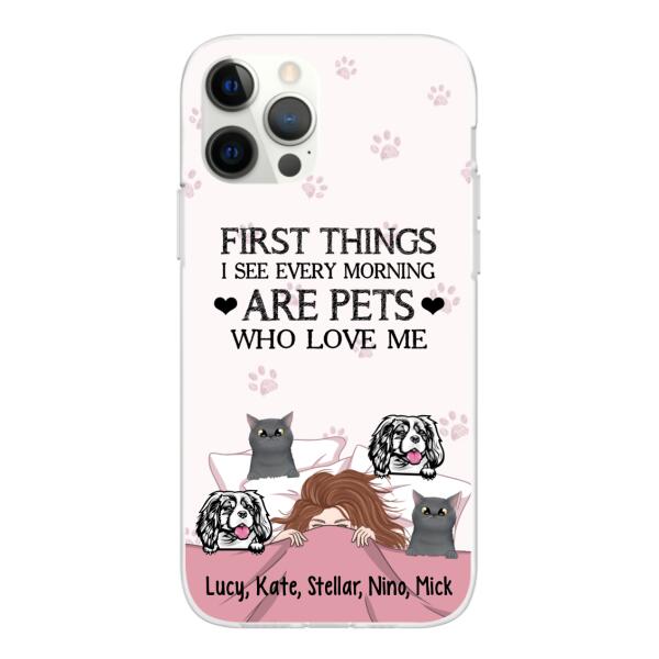 Personalized Phone Case, Sleeping Girl With Pets, Gift For Dog And Cat Lovers