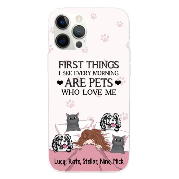 Personalized Phone Case, Sleeping Girl With Pets, Gift For Dog And Cat Lovers