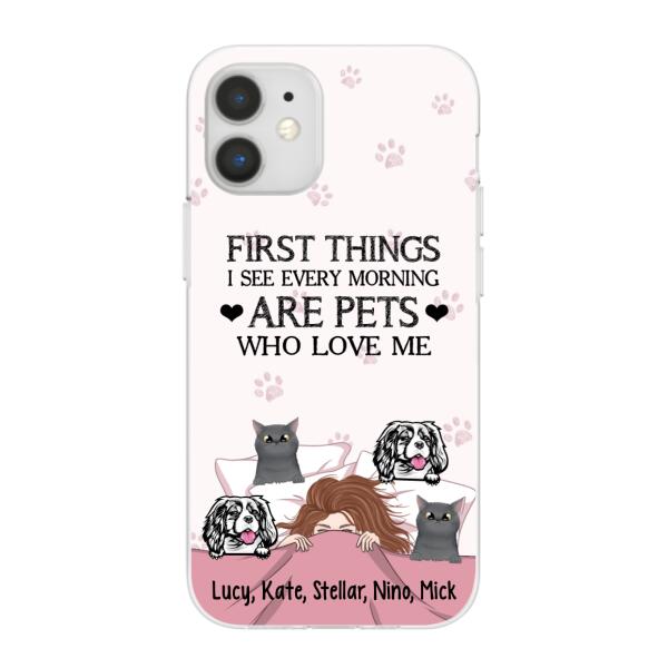 Personalized Phone Case, Sleeping Girl With Pets, Gift For Dog And Cat Lovers