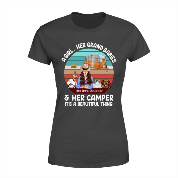 Personalized Shirt, A Girl... Her Grand Babies & Her Camper It's A Beautiful Thing, Gift For Campers And Dog Lovers, Cat Lovers