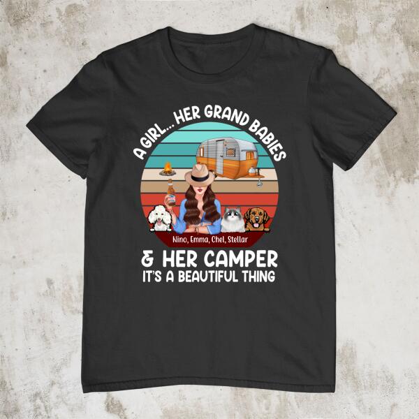 Personalized Shirt, A Girl... Her Grand Babies & Her Camper It's A Beautiful Thing, Gift For Campers And Dog Lovers, Cat Lovers