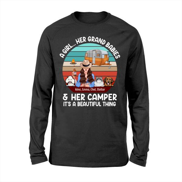 Personalized Shirt, A Girl... Her Grand Babies & Her Camper It's A Beautiful Thing, Gift For Campers And Dog Lovers, Cat Lovers