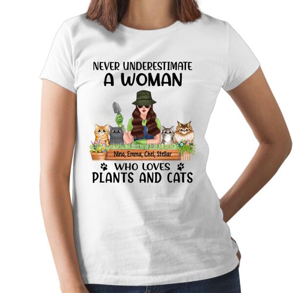 Personalized Shirt, Never Underestimate A Woman Who Loves Plants And Cats, Gift For Gardeners And Cat Lovers