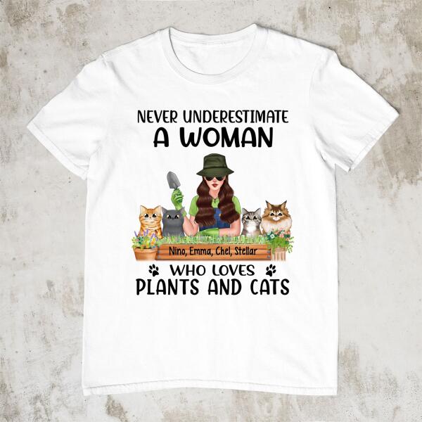 Personalized Shirt, Never Underestimate A Woman Who Loves Plants And Cats, Gift For Gardeners And Cat Lovers