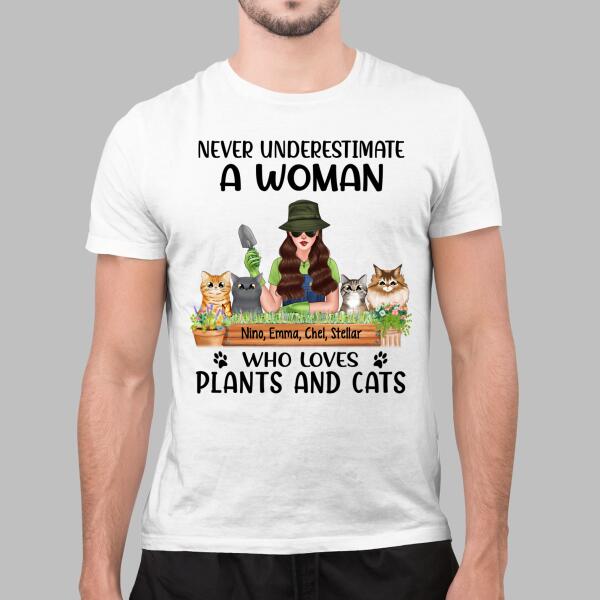 Personalized Shirt, Never Underestimate A Woman Who Loves Plants And Cats, Gift For Gardeners And Cat Lovers