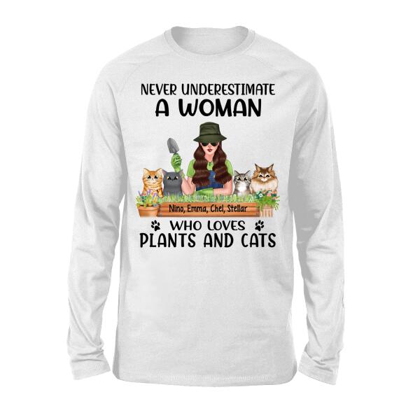 Personalized Shirt, Never Underestimate A Woman Who Loves Plants And Cats, Gift For Gardeners And Cat Lovers