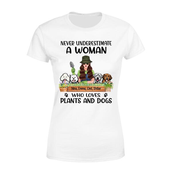 Personalized Shirt, Never Underestimate A Woman Who Loves Plants And Dogs, Gift For Gardeners And Dog Lovers