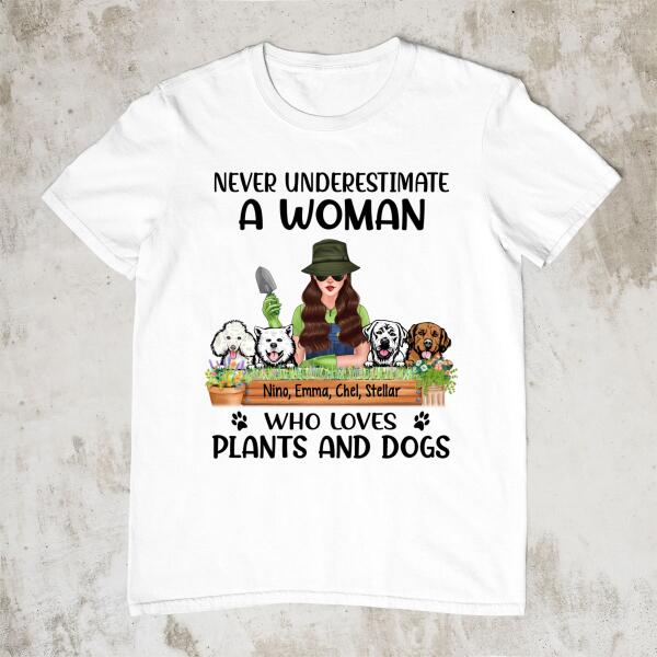 Personalized Shirt, Never Underestimate A Woman Who Loves Plants And Dogs, Gift For Gardeners And Dog Lovers