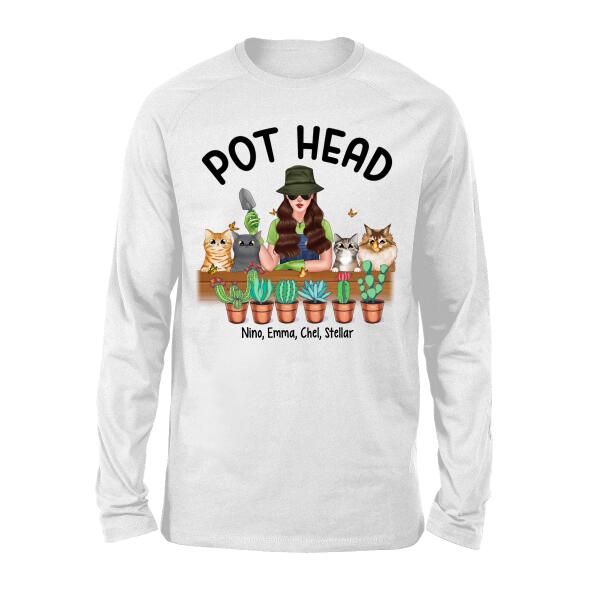 Personalized Shirt, Pot Head Gardening Woman with Cats, Gift For Gardeners And Cat Lovers