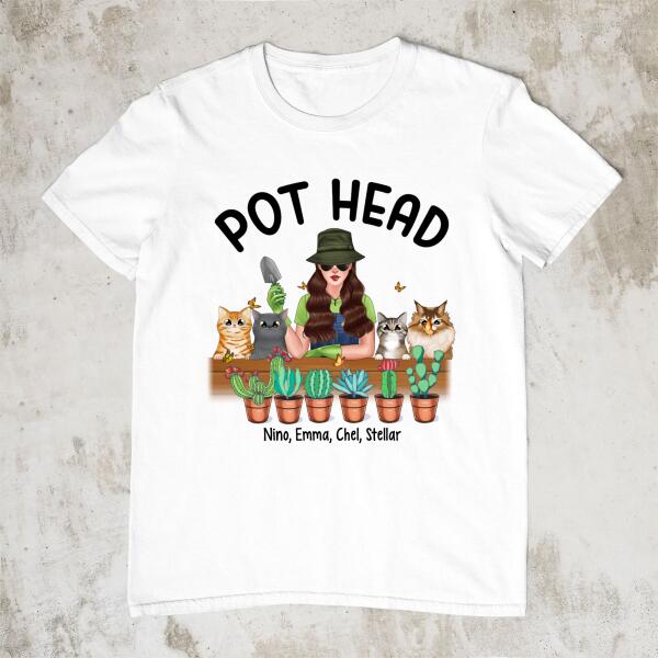 Personalized Shirt, Pot Head Gardening Woman with Cats, Gift For Gardeners And Cat Lovers