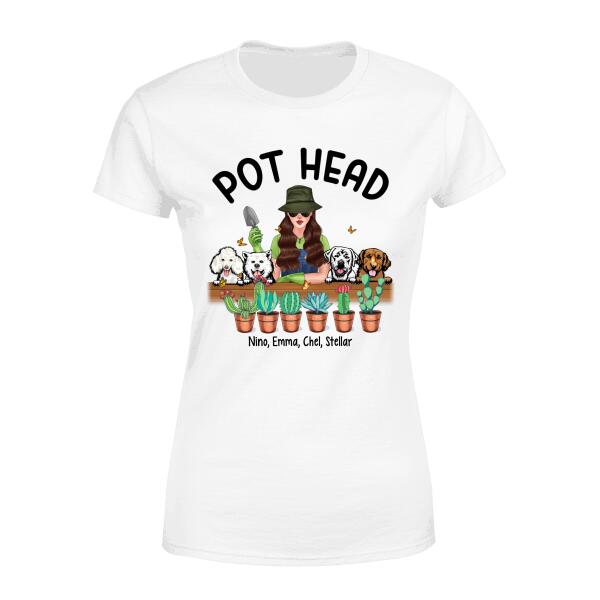 Personalized Shirt, Pot Head Gardening Woman with Dogs, Gift For Gardeners And Dog Lovers